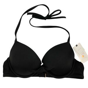 2/$20 Shade & Shore Solid Black Halter Tie Lightly Lined Underwire Bikini Top